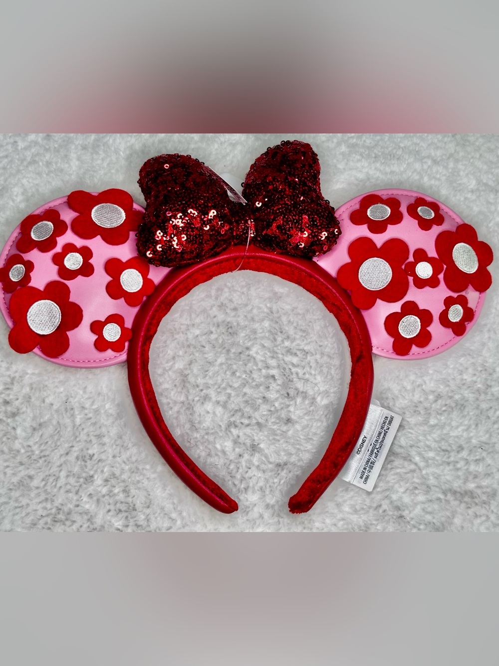 Shanghai Disney Minnie Mouse Ears Red Sequin Bow Floral Faux Leather Headband